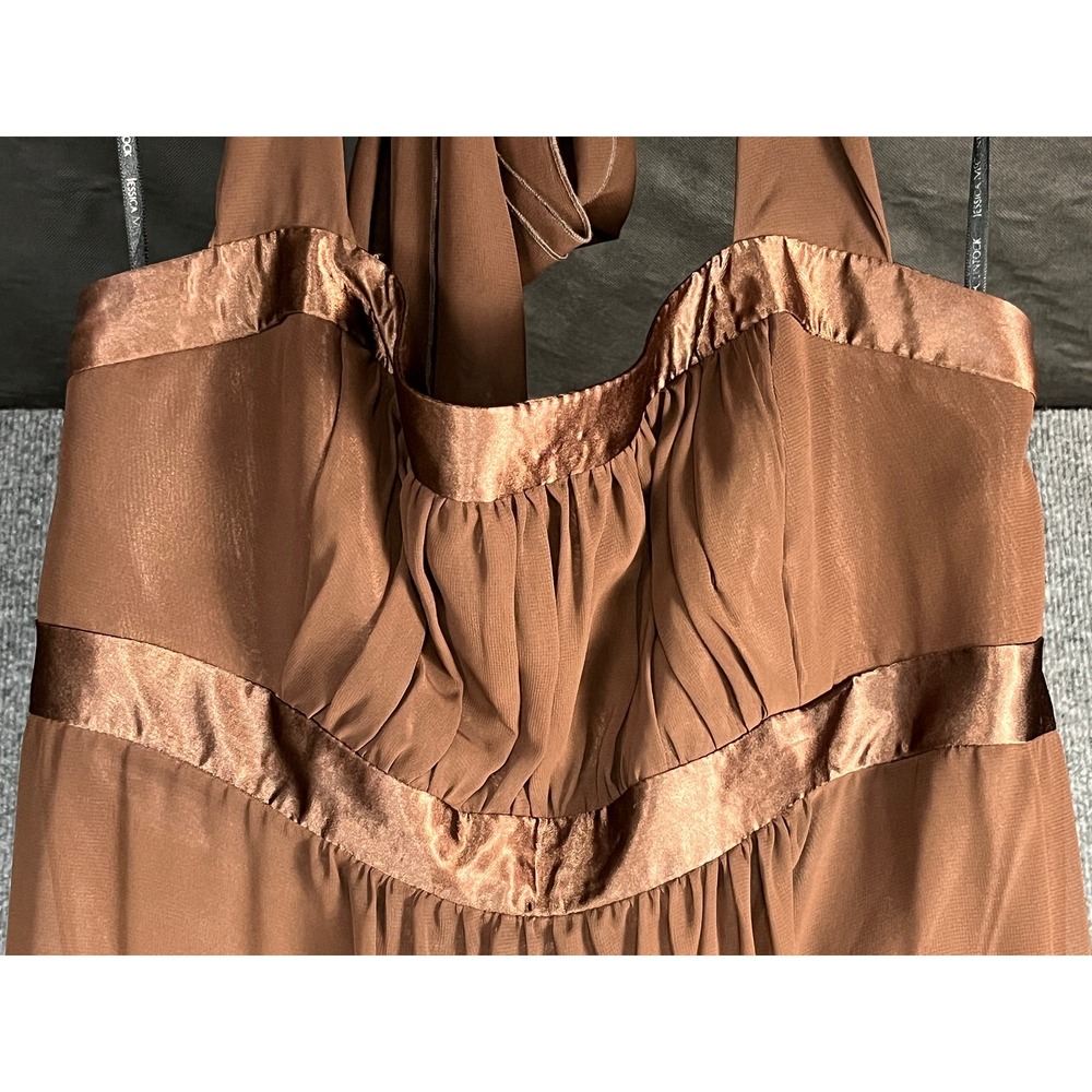 VTG Jessica McClintock Bridal‎ Halter Maxi Dress Brown Satin Trim Formal Size 14 - Picture 4 of 11